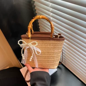 New Arrival Mini Straw Woven Mini Square Bag Shoulder Handbag with Bamboo Handle Straw Tote Beach Bag