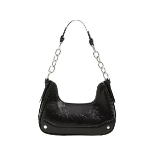 New Arrival Women Black PU Leather Hobo Underarm Bag with Silver Chain Strap Fashion Crescent Shoulder Purse for Daily Use