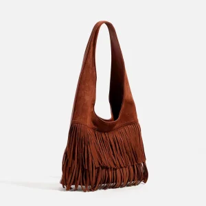 New Autumn Winter for Handmade Tassel Large Capacity Zip Tote Bag Suede Single Shoulder Casual Dune Style Underarm Bag