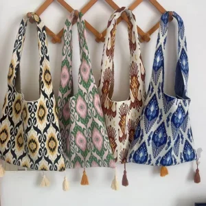 New Bohemian Ethnic Style Single Strap Crossbody Bag with Polyester Knitted Design Button Closure Plaid Pattern Big Size