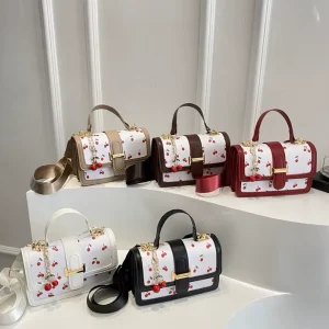 New Cute Cherry Print Shoulder Crossbody Bag for Women PU Leather Handbag Trendy Ladies Square Bags