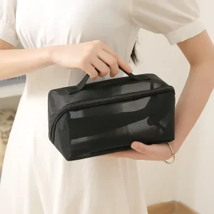 New Design Large Capacity Mesh Cosmetic Bag Outdoor Travel Clear Mesh Toiletry Pouch Square Make up Bag