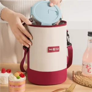 New Eco Friendly Oxford Cylinder Shaped Insulated 2 Person Lunch Box Bag Zipper Shoulder Strap Multi Layer for Office Workers