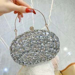 New Fashion Full Diamond Metallic Clutch Crossbody Evening Party Banquet Bag Women’s Wallet Shiny Handbag Spring