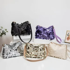 New Fashion Sequins Stylish Underarm Oblique Trendy Niche Shoulder Bag Exquisite Elegant All match Women’s Middle Zipper PU