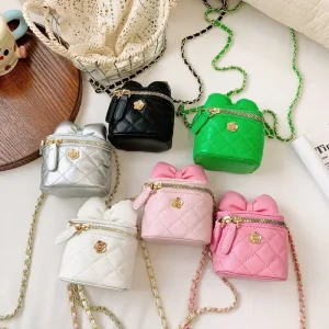 New Girls Princess Style Bow Small Inspired PU Crossbody Bag with Chain Strap Breathable Durable Fashion One Shoulder Bag