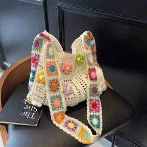 New Handmade Shoulder Bag Bohemian Woven Tote Rainbow Strap Large Capacity Handbag Flower Pattern