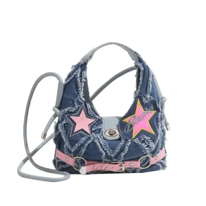 New Hot Girl Single Strap PU Small Crossbody Bag with Five Pointed Star Patch Design Frayed Edge Denim Spring