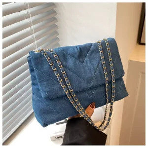 New Ladies Fashion Quilted Crossbody Shoulder Bag Jean Denim Messenger Handbag Chains Foldable Waterproof Anti Theft for Women