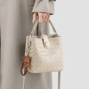 New Lady Bucket Bag Summer Genuine Leather Woven Handbag Large Capacity Single Shoulder Women Crossbody Bag