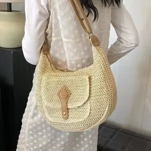 New Large Capacity Straw Woven Fashion Handmade Crossbody Tote Bag with High-grade Zipper Polyester Lining for Women’s Beach Use