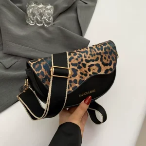 New Leopard Print Half Moon Crossbody Bag Vintage Brown Faux Leather Saddle Bag with Adjustable Strap