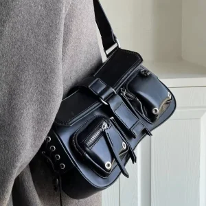 New Motorcycle Style Sweet Cool Y2K Hot Girl Single Shoulder Underarm Crossbody Bag High end Versatile Niche Zipper PU Polyester