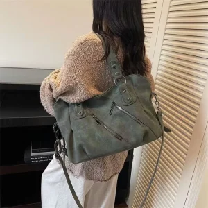 New Retro Distressed PU Leather Tote Bag for Women Designer Multi-pocket Large Capacity Shoulder Crossbody Handbag
