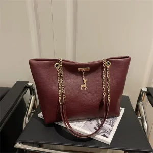 New Retro Women’s Bag Solid Color PU Leather Shoulder Bag High Quality Handbag with Chain
