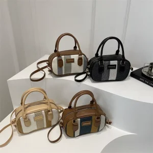 New Simple Fashionable Boston Crossbody Bag Retro Striped Contrast Color Zipper Closure Shoulder Handbags for Women