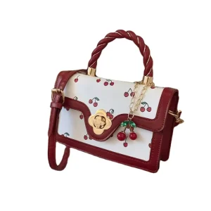 New Single Cover Cherry Printed Crossbody Bag Twist Portable Small Square Fresh Contrast Color Design Girl’s PU Polyester