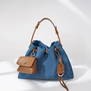 New Stylish High Quality Genuine Leather Vintage Fashion Open Clutch Bag Summer Denim Bucket Handbag Luxury Drawstring Shoulder
