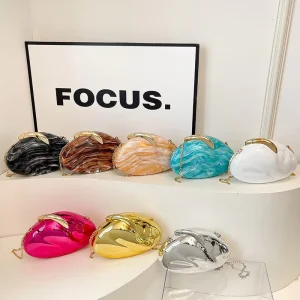 New Trendy Oval Round Box Bag for Girls Acrylic Dinner Bag Retro Metal Lock Single Chain Party Clutches Shoulder Bags for Women