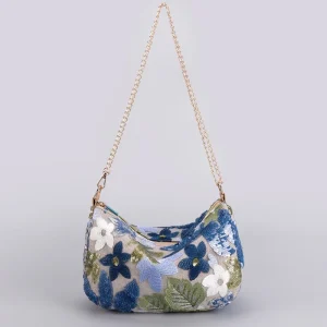 New Trendy Sequined Embroidered Floral Zipper Closure Single Strap Chain Shoulder Crossbody Bag for Women