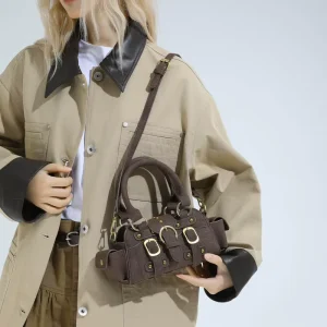 New Trendy Versatile Retro Biker Bag Matte Frosted Rivet Design Top Handle Shoulder Crossbody Bag