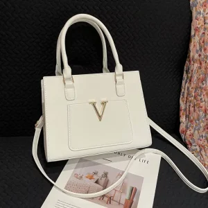 New V-Logo Tote Bag for Women PU Leather Handbag with Zipper Large Capacity Shoulder Crossbody Bag