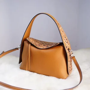 New Vintage Lady Fashionable Top grain Genuine Leather Carved Zipper Shoulder Bag Large Capacity Commuting