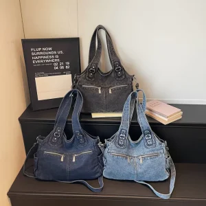 New Vintage Washed Denim Tote Bag with Multi pocket Large Capacity Y2K Hobo Bag Jean Crossbody Shoulder Bag for School