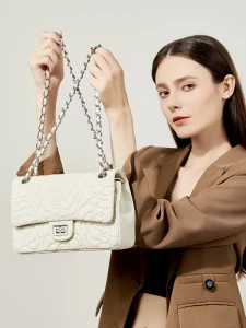 New Winter Genuine Leather Chain Medium Bag Camellia Embroidery Polyester Lining Two Straps Crossbody Shoulder Use Lock Closure