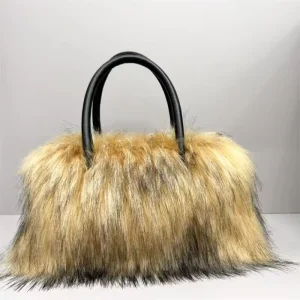 New Women’s High-End Sensory Square Plush Imitation Raccoon Fur Large Capacity Tote Handbag