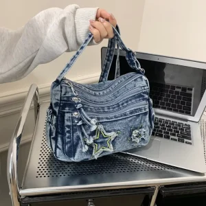New Women’s Lazy Style Washed Denim Crossbody Bag Large Capacity Soft Shoulder Handbag Adjustable Strap