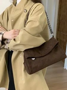 Niche Winter Retro Diamond Pattern Suede Bag Fashionable Versatile Chain Shoulder Crossbody Bag Korean Style Polyester