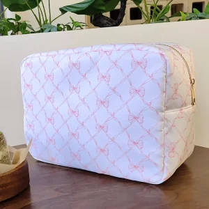 Nylon Travel Cosmetic Bag Bow for Pink with Golden Zipper New Style Fashionable Pouch Large Capacity Makeup Bag