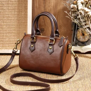 ODM OEM Manufacturer Genuine Leather Cowhide Boston Bags Vintage Texture Crossbody Bags High-End Women’s Handbags
