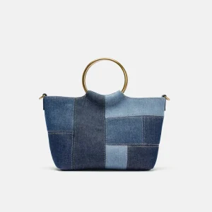 ODM Patchwork Denim Handbag Metal Ring Handle Bag Designer Tote Shoulder Bag Custom for Independent Brands
