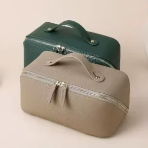 OEM Custom Top Layer PU Leather Women Makeup Bag Double Zipper Handheld Travel Cosmetic Case Eco Friendly 2in1 Skincare Toiletry