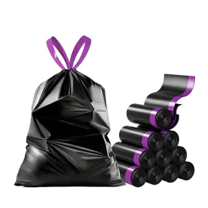 OEM ODM Black HDPE Drawstring Trash Bags Heavy Duty Leak Proof Portable Tear Resistant Supermarket Home Office Commercial