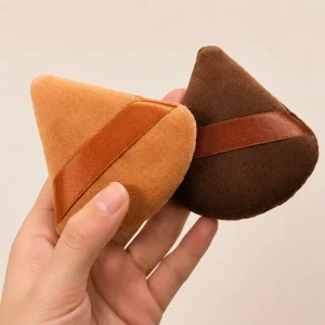 OEM Sewed Brown Classic Velvet Triangle Soft Cotton Setting Powder Puff Custom Logo Skin Friendly Makeup Cosmetic 4 Brand