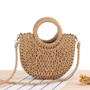 OEM Women’s Hand Woven Natural Shell Bag Crossbody Beach Straw Handbag String Closure for Summer Autumn Spring