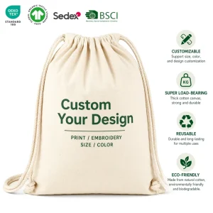 Organic Natural Cotton Bag Reusable Eco Friendly Shopping Travel Gift Dust Cotton Drawstring Bag with Custom Logo Printing