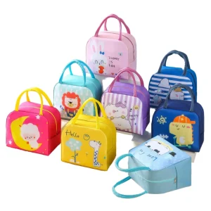 Oxford Striped Children’s Cartoon Portable Insulated Snack Drink Cooler Bag for School Kids Bento Box