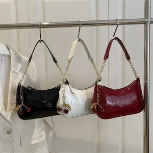 PU Leather Women’s Underarm Bag Fashionable Women’s Chain Bag Women’s Shoulder Bag with Cherry Pendant