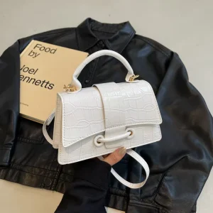 PU Small Square French-style Versatile Crocodile-pattern Womens New Trendy Minimalist Handbag Button Closure
