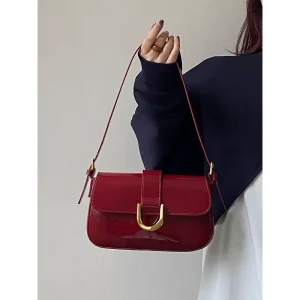 PU Tote Bag Women’s Retro Wine Red Horseshoe Buckle Cover Polyester Two Straps Fashionable Portable Underarm Crossbody
