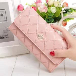 PU Women’s Long Tri-fold Wallet, Korean Style Clutch Bag, Buckle Diamond Crown Multi Card Bag