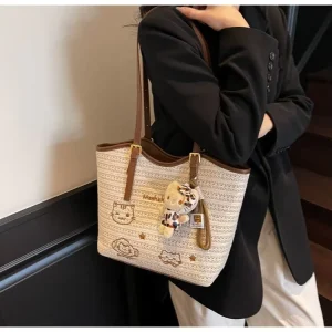 PU Woven Tote Bag Large Capacity Women Beach Shoulder Soft Summer