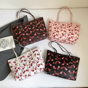 PU Zipper Tote Handbag with Two Straps Cherry Print Polyester Lining Large Capacity Shopping Bag