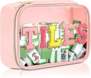 PVC Mahjong Tiles Storage Bag Chenille Letter TILES Waterproof Polyester Bag Portable Mahjong Game Tile Carry Organizer Pouch