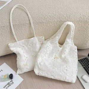 Pastoral Style Summer Fairy Embroidery White Lace Tote Bag 2 Layers Girl Vest Shopping Bag