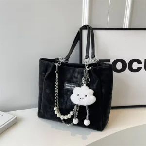 Pearl Chain Canvas Tote Bag with Cloud Pendant Large Capacity Shoulder Handbag for Girls